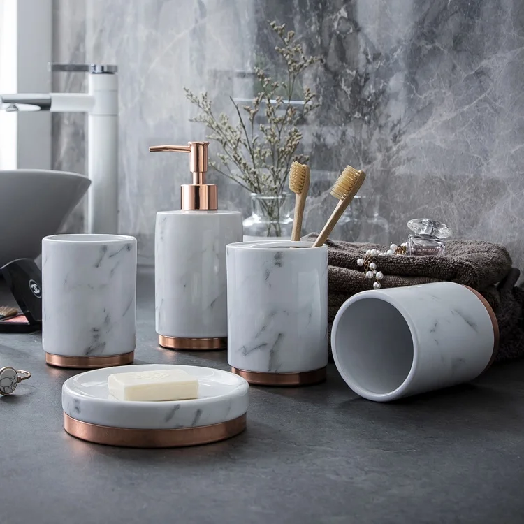 Marble Effect Metal Base 5 Pcs Ceramic Accessories Bathroom Set