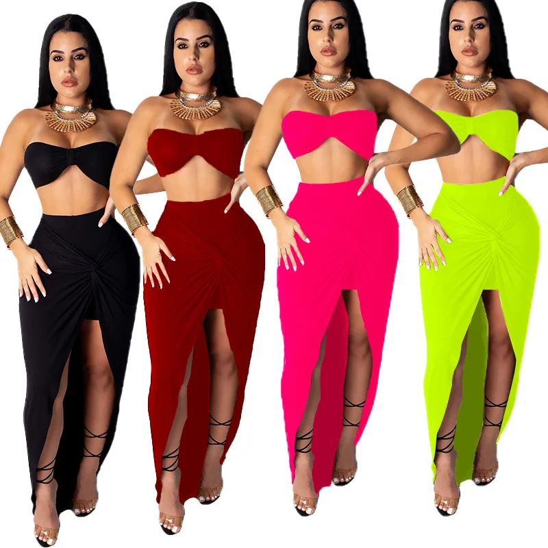 

Women Neon Skirt Set Tube Top Two Pieces Strapless Crop Top and Skirt Set Ruffled Split Two Piece Maxi Skirt Set, Neon green;black;pink;wine