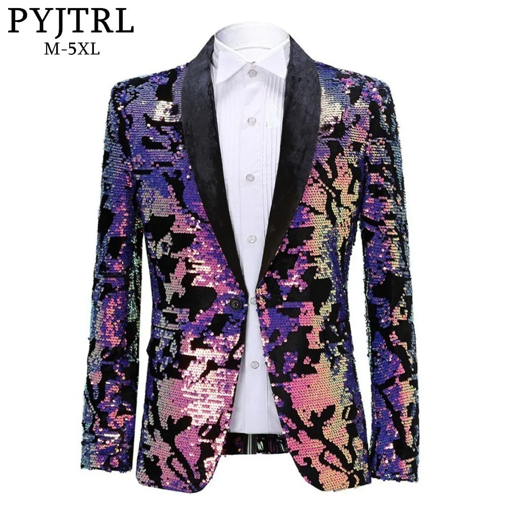

PYJTRL Fashion Purple Colorful Velvet Sequins Blazer Masculino Slim Fit Men Suit Jacket Stage Singer Costume Shiny Blazers