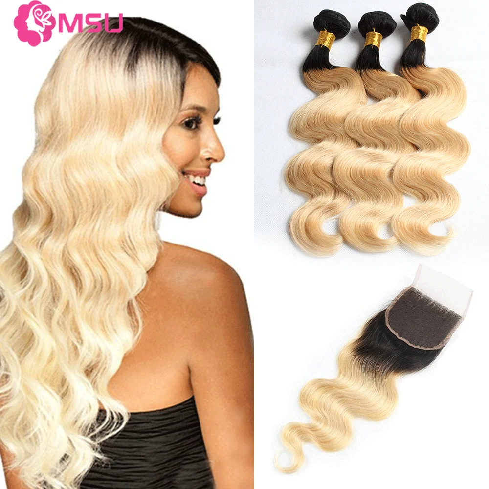 

Two Tone Blond Human Hair With 4x4 Closure 1b/613 Body Wave Bundles Ombre Color Remy Virgin Hair Extensions