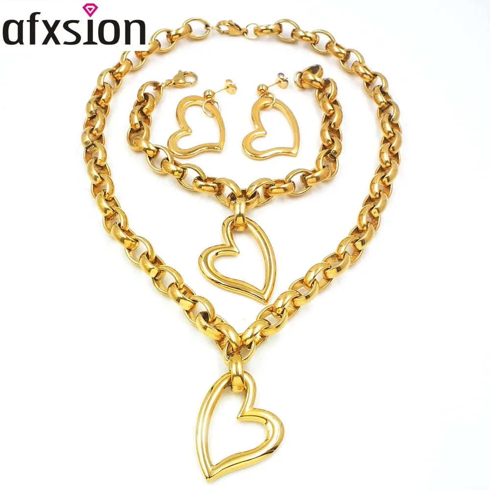 

Afxsion valentine 's day Diamond jewelry plated 18k gold stainless steel set earrings pendant bracelet, Picture