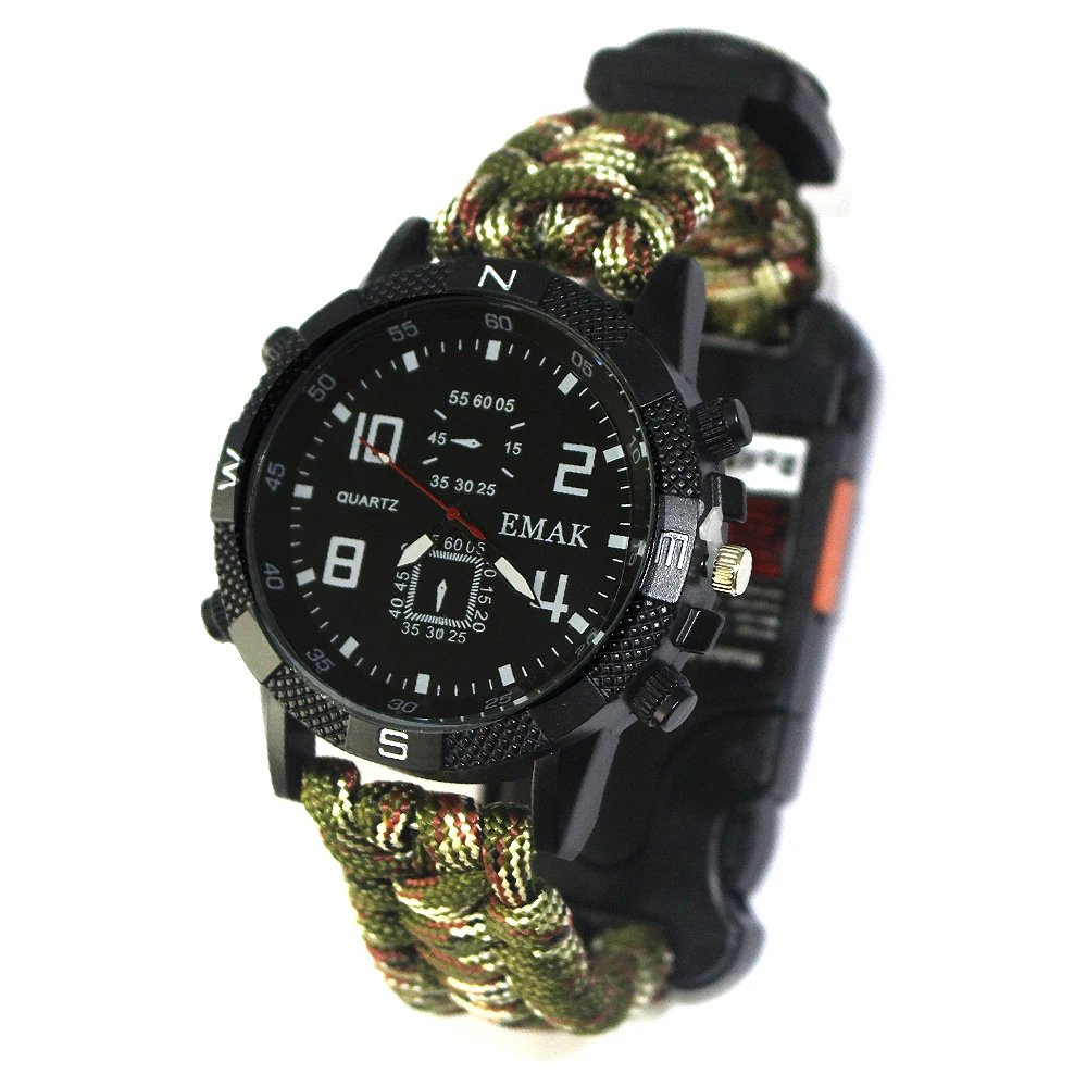 

Factory price outdoor tools Paracord Survival watch with Compass, Army green camouflage