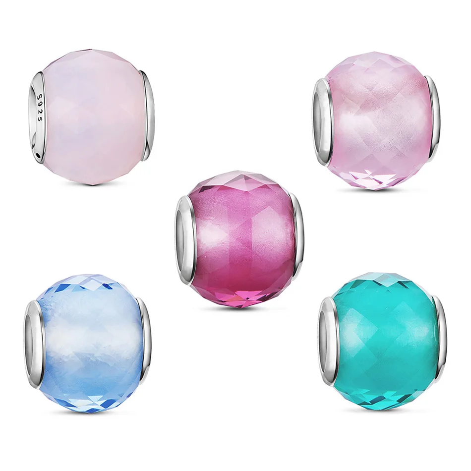 

Real 925 Sterling Silver Pink Crystal Charms Faceted Spacer Murano Glass Beads Fit Bracelet Making Jewelry Accessories