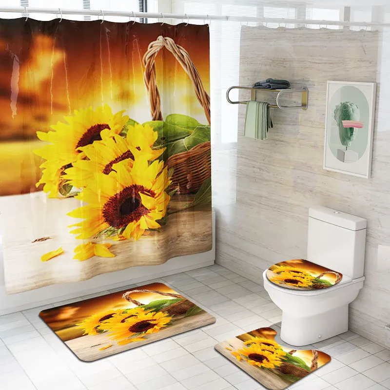 Sunflower Custom Print  Anti Slip Bath Mat and Shower Curtain Set