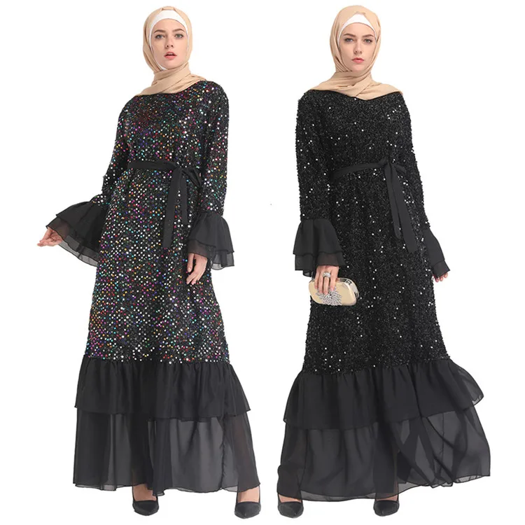 

Shinning sequin embellished kaftans african clothes Muslim maxi dress, Black;chromatic color
