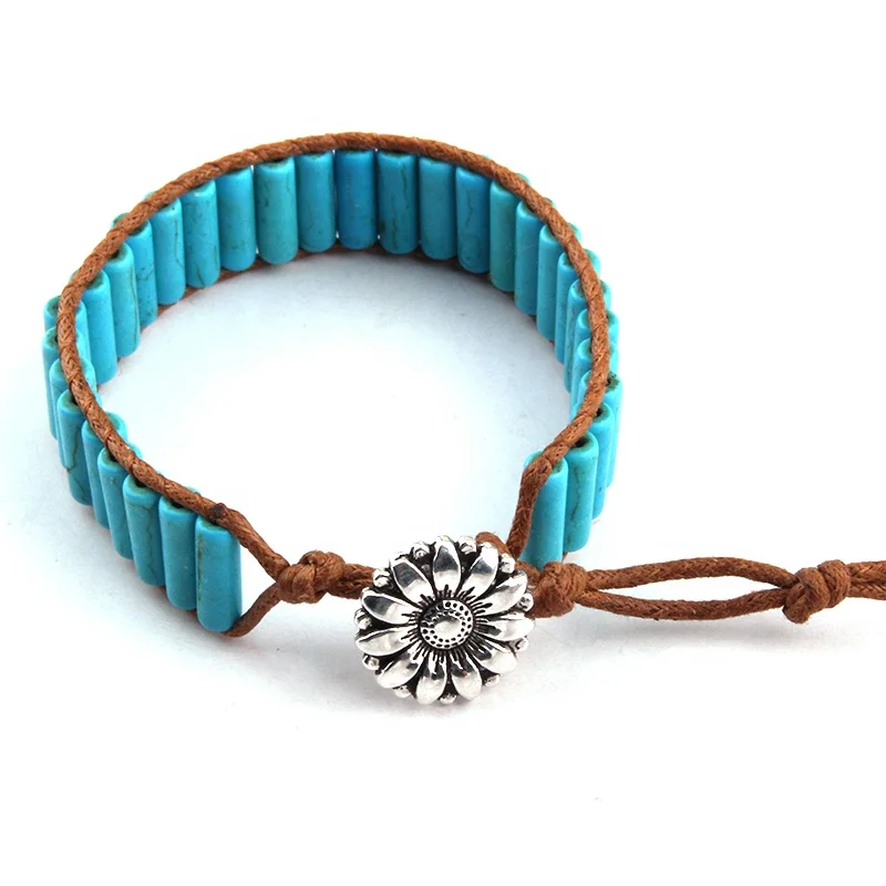 

Beautiful Fashion Women Turquoise Bracelet Blue Cylindrical Stone Thread Leather Wrap Bracelet Pierre Naturelle, 5 color