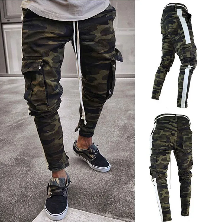 

New men Camouflage trousers white striped skinny hot sale fashion elastic Slim fit pants male jeans Cargo, Picture color