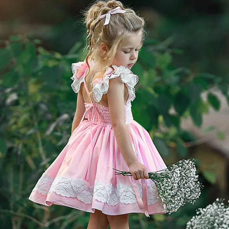 

European and American girls small flying sleeves lace embroidered princess dress, Pink