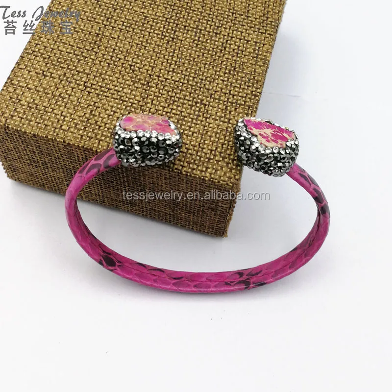 

Sex stainless steel snakeskin leather bangle rose color gemstones pave crystal rhinestone bangles bracelets, Rose color sex leather bangle