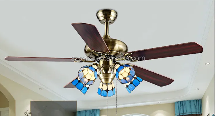 110V tiffany glass shade E27 bulb iron leaf retro bronze ceiling fan lights for bedroom