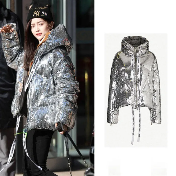 Factory wholesale  women's silver sequins bomber jacket cotton quilted thickened winter coat women with hoodie drawstring