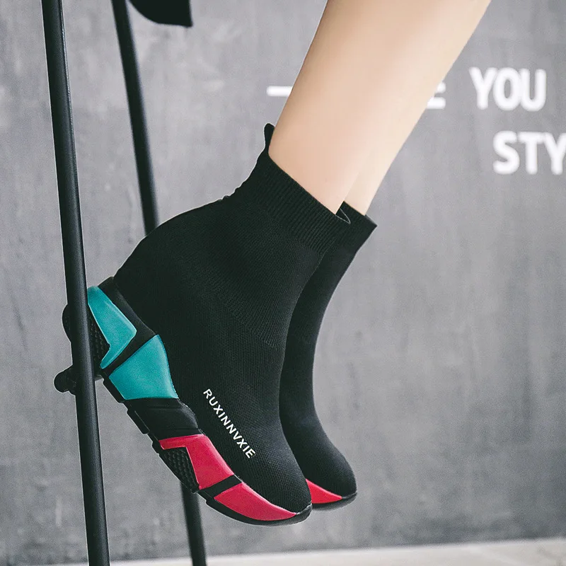 

SWYIVY Sock Boots Woman Hided Wedge Platform Female Casual Shoes 2021 Autumn New Wedge Lady Knitting Short Ankle Boots Platform