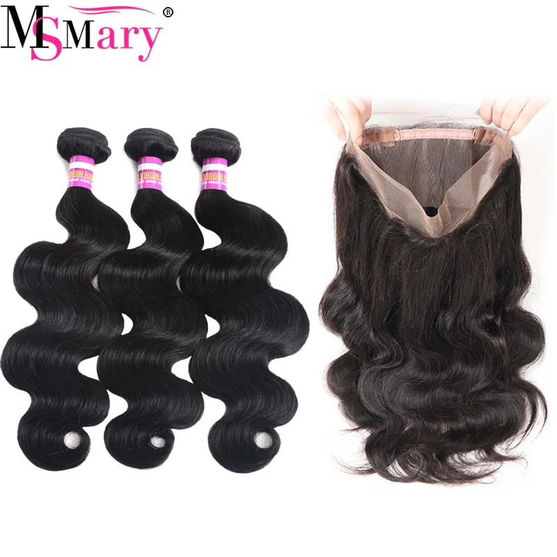 

8A Per Plucked 360 Full Lace Frontal Closure With 2 Bundles Body Wave Brazilian Virgin Hair Natural Color 100% Remy Human Hair, Natural color #1b
