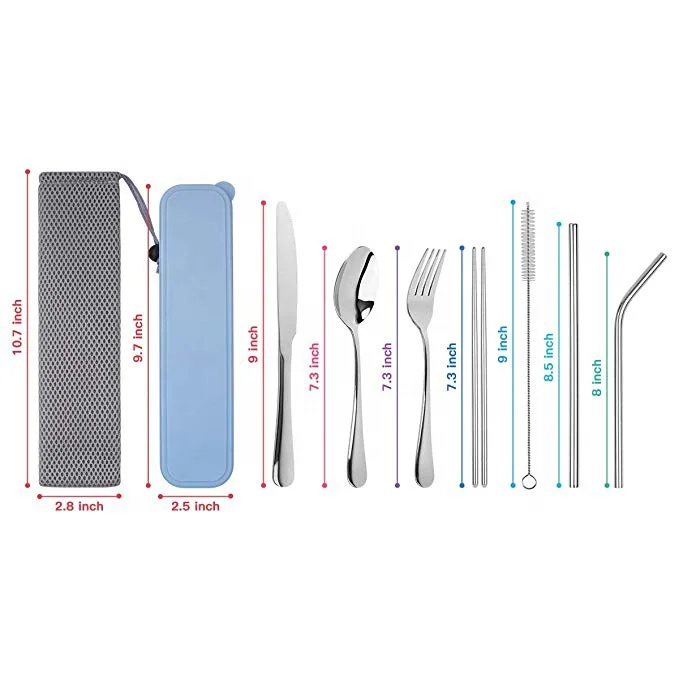 
Travel Utensils Upgraded Reusable Portable Travel Cutlery Set 9-Piece including Knife Fork Spoon Chopsticks Straw Brush 