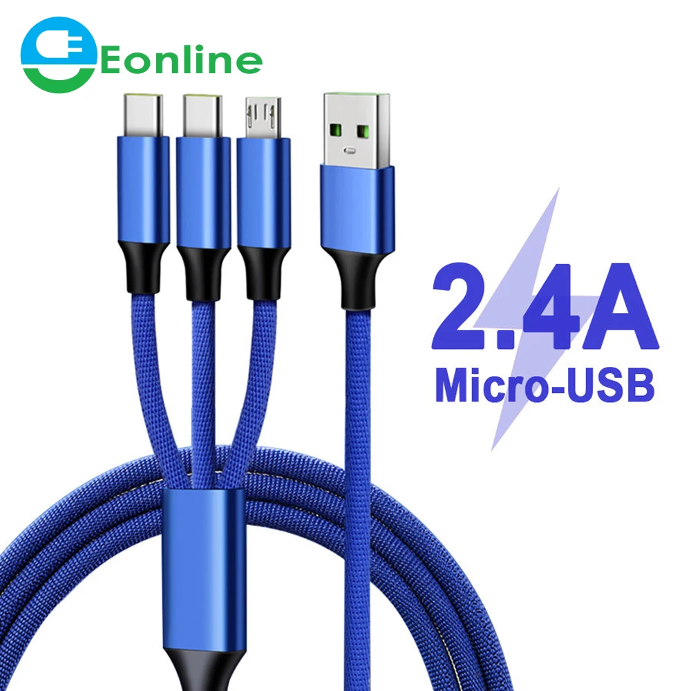 

3 in 1 8pin Micro USB Type C 2.4A USB C Cable For Mobile Phone Charger Micro USB Cord Type-c Charging Cables, Black;gray;brown;blue;red