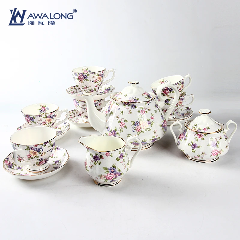 

15 pcs pink color royal fancy full floral decal tea pot cup bone tea set, As picture