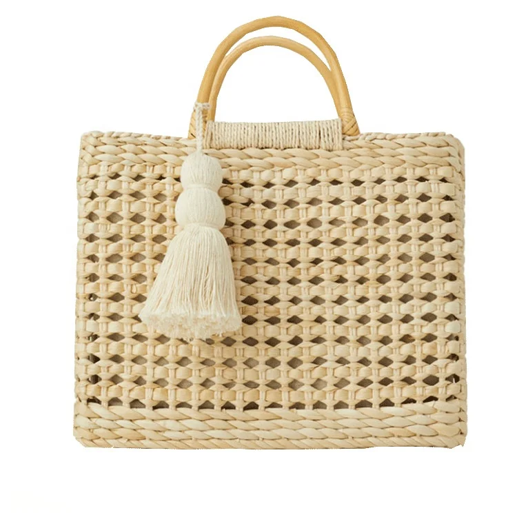 

Summer Natural Straw Basket Bag Wood Handle Clutch Beach Hand Bag for Women