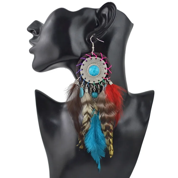 

Bohemian long feather resin beaded dangling earrings handmade tassel earrings, 5 colors,blue,black,brown,green,red