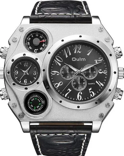 

OULM 1349 Dual Time Men Big Compass Leather Strap Quartz Watch Relogio Masculino, 3 color for you choose