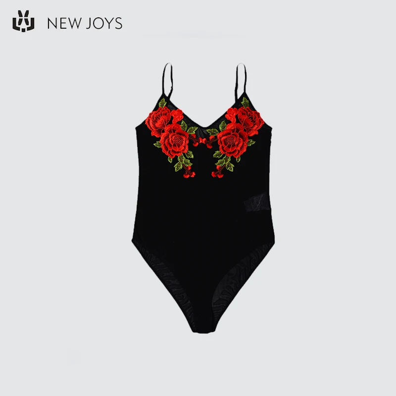 

ODM&OEM Fashion Halter Embroidery Floral Black Sexy Mesh One Piece Women Elastane Bodysuit/Romper