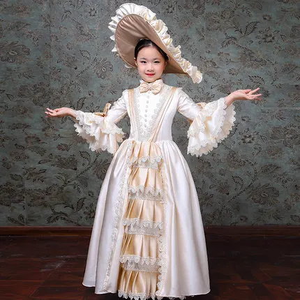 

Ecoparty Kid Child girl champagne Bow Dance 18th Century Queen Victorian Antoinette dress with hat, As show