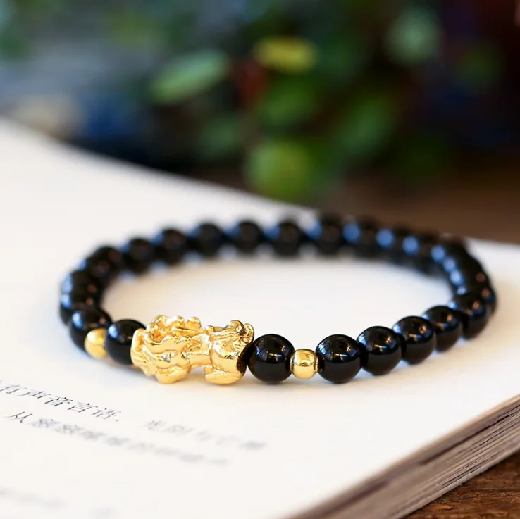 

3D Hard Gold Bead Bracelets Simulated Obsidian Gold Pi Xiu Beaded Bracelet for Men and Women, Picture