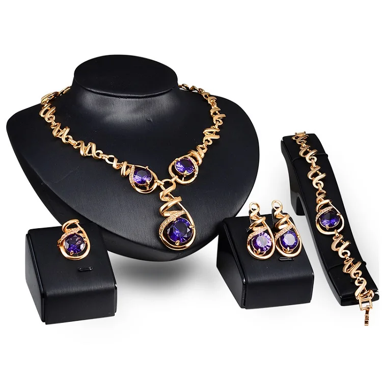 

4 Piece Fashion Women Jewelry Sets Luxury African Dubai 18K Gold Plated Big Wave Purple Crystal Wedding Bridal Jewelry Set, As show