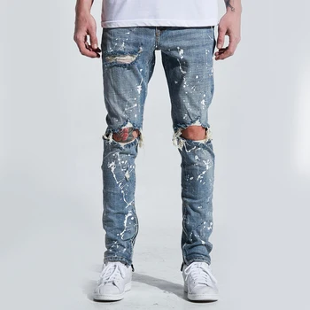 Sea Blue 2019 Jeans Men Custom Patchwork Distress Ripped Skinny Jeans ...