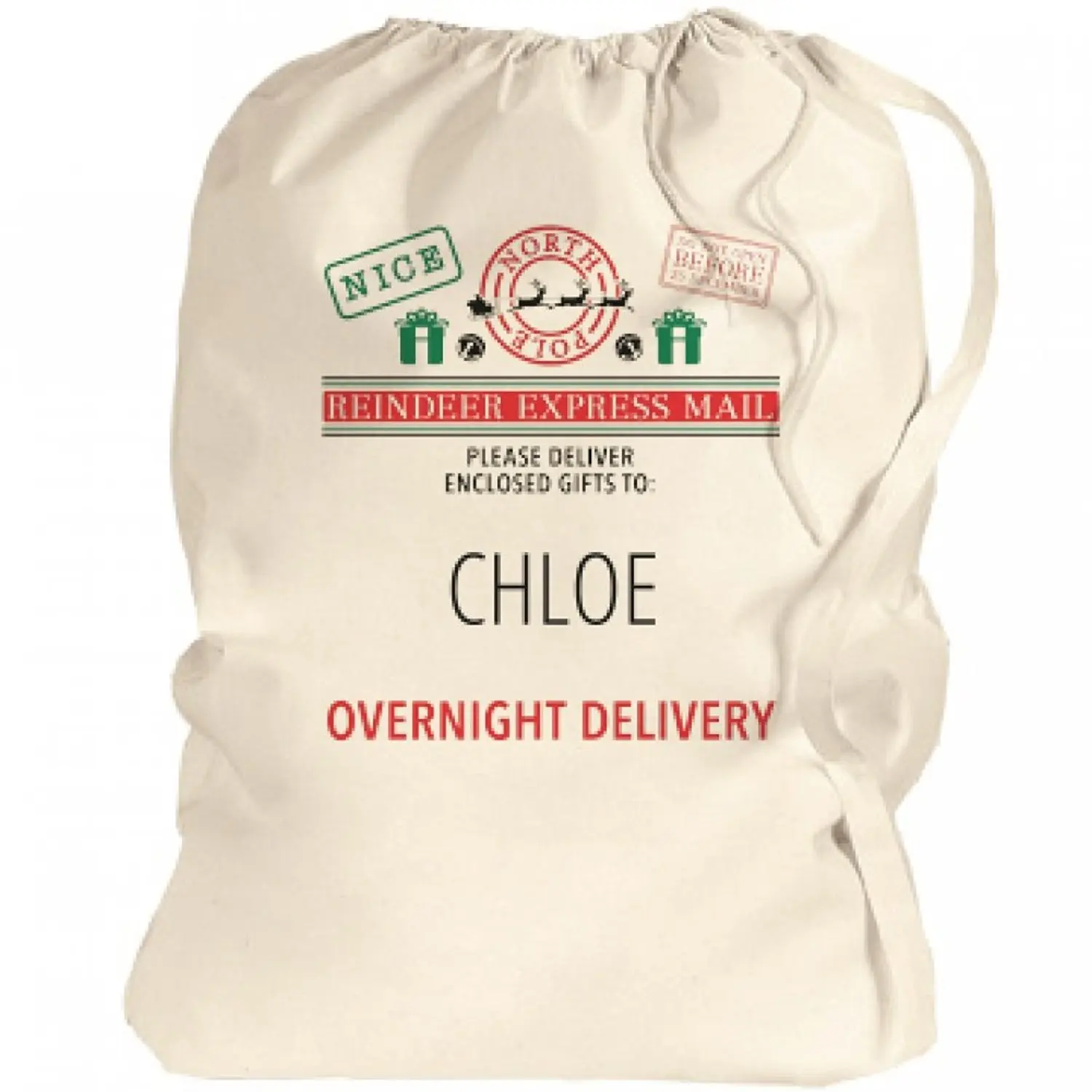 Santa Bag Overnight Xmas Delivery For Chloe: Canvas Laundry Bag