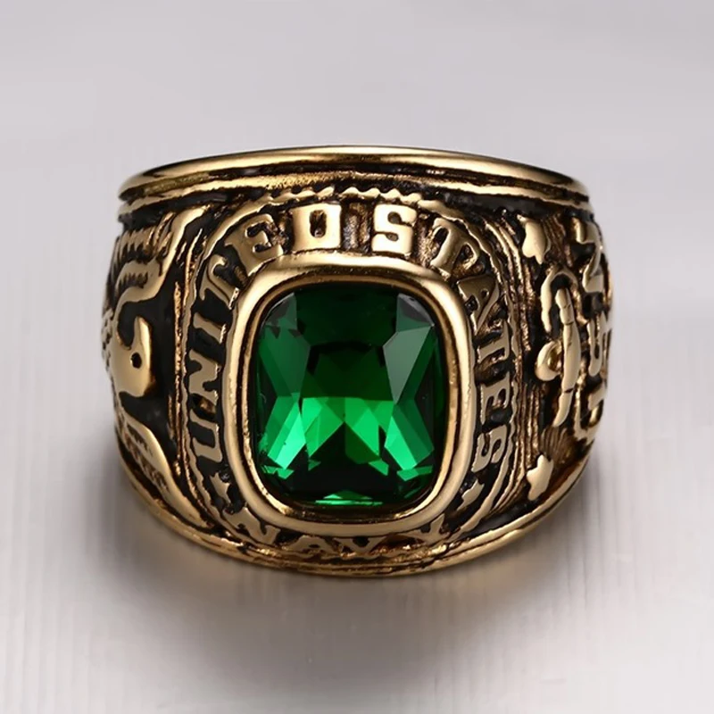 

YWMT 2018 Wholesale Vintage Dubai Gold Gemstone Ring Stainless Steel Ring For Men, Black/red/green