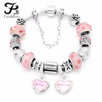 

European Bead With Pink Murano Glass Bead Charm Fit Snake Chain Heart Charms Bracelet