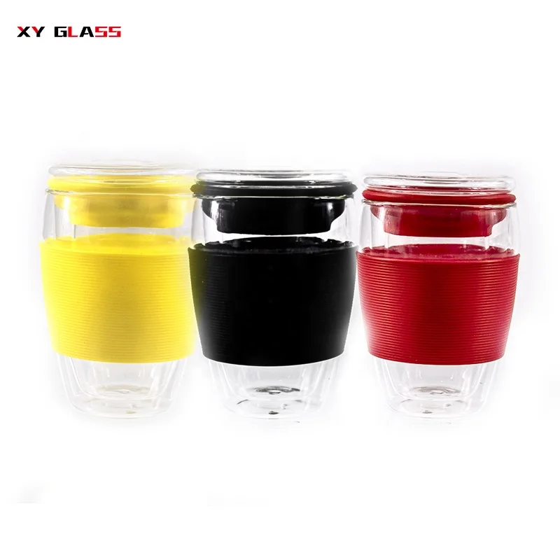 

wholesale colourful sleeve double wall infuser glass tea cup