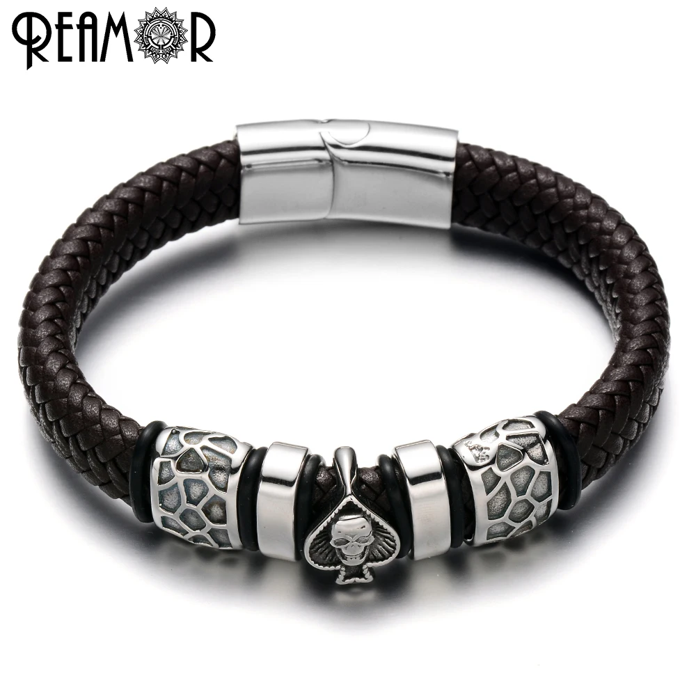 

REAMOR Punk Style Bangle 316L Stainless Steel Spades Skull Head Charms Trendy Male Bracelet Black Wide Braided Leather Bracelets