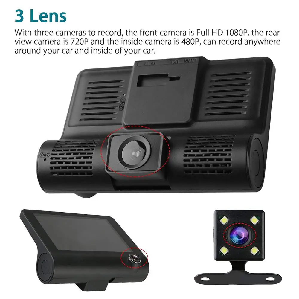 
3 Lens 4 ' LCD FHD 1080p 170 Wide Angle Dashboard Camera Recorder Car Dash Cam Car DVR Dash Cam Video Recorder Rearview Camera 