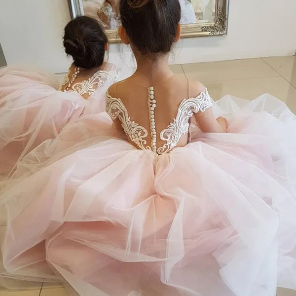 

ZH2367Q light Pink tulle train Sheer Neck Flower Girls Dresses For Weddings Long Sleeves Embroidery Floor Length kids Party gown, Customer made