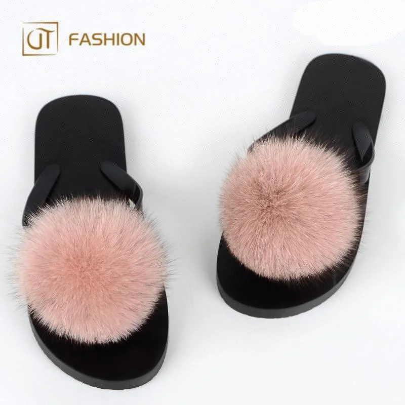 

Hot Jtfur Outdoor Real Fur Slides Fox Fur Pom Poms Ball Fur Flip Flops, Customized