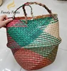Women Summer Beach Bag Hand Knitted Multi-color Straw Bucket Bag