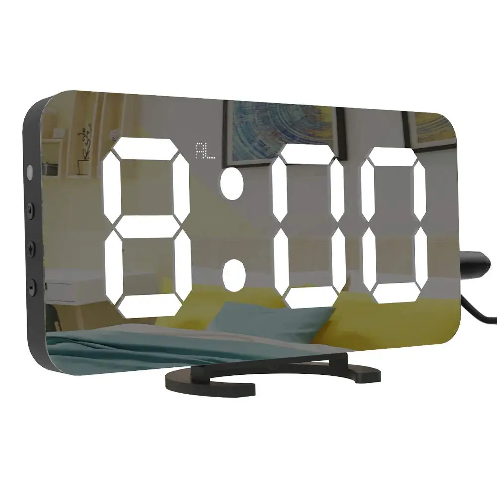 Smart LED Digit Light Large Mirror LCD Screen Digital Table Alarm Clock with Dual USB Charger -Wall hanging or free standing