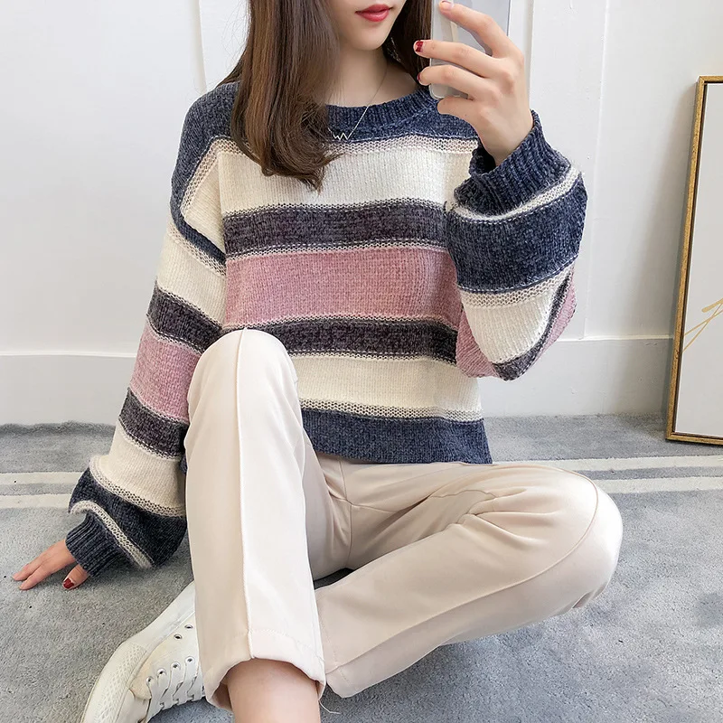 

Hot sale western style crew neck batwing sleeve  loose stripe women jumper