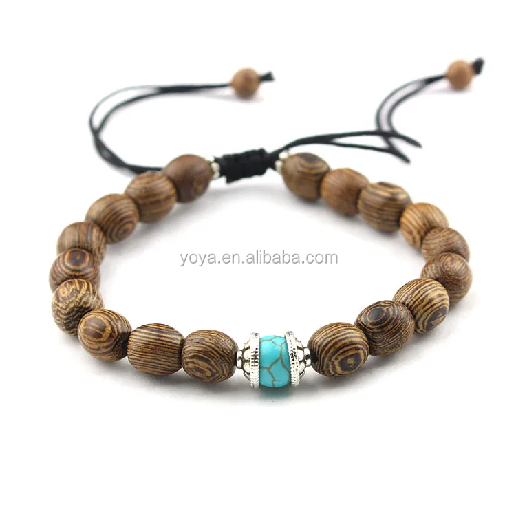 

BRS0892 Hot sale natural 10mm wood yoga macrame bracelet,wood and turquoise adjustable bracelet