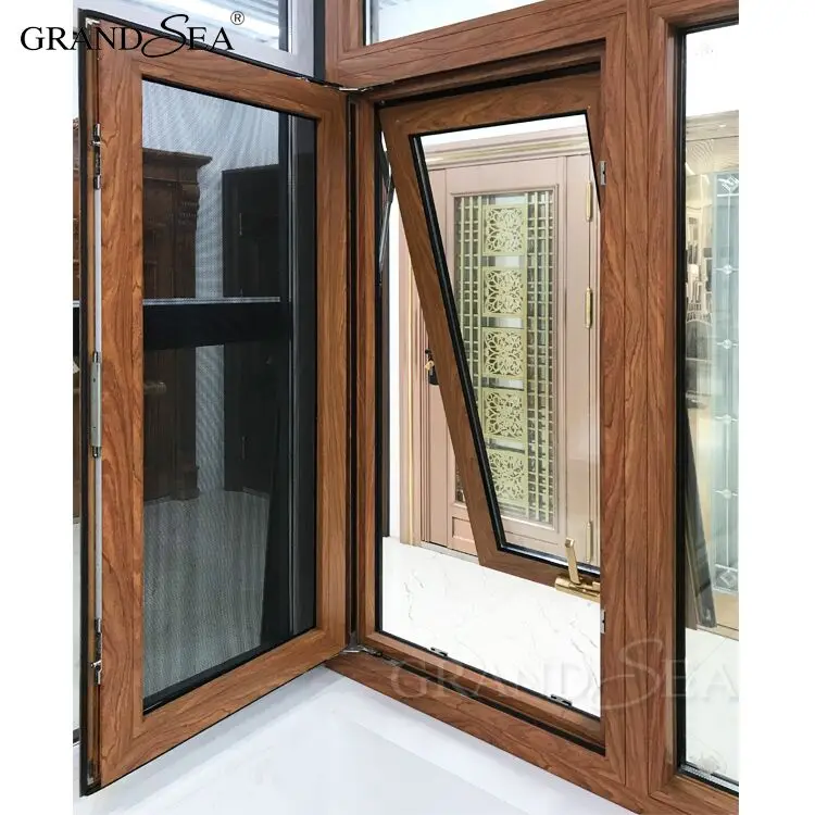 Top Quality Double Tempered Glass Aluminum Casement Window with Grill Design and Mosquito Net