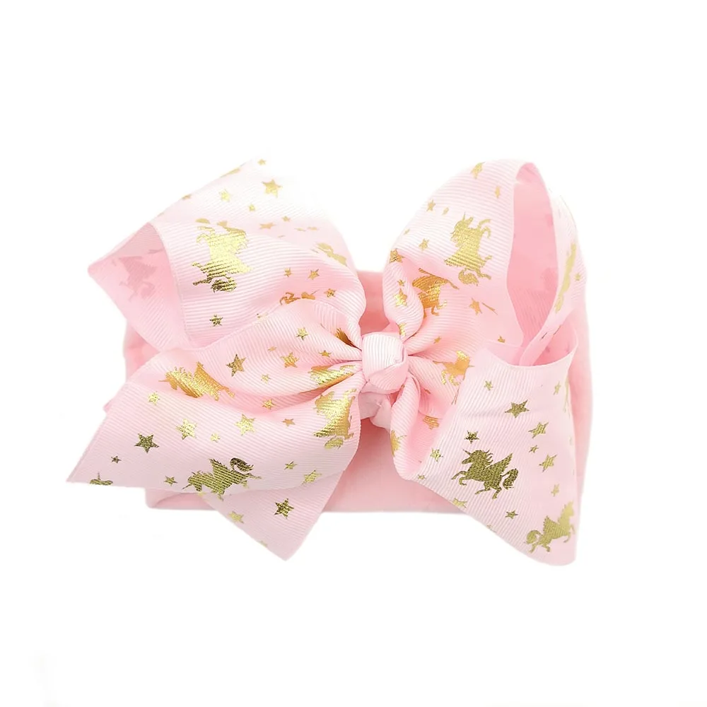 

Wholesale Nylon Headband with Unicorn and Stars prints Unicorn Ribbon Bow Headwrap Baby Unique Hair Accessories, Picture