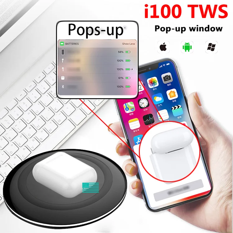 i100 tws for Smart Phone Blue tooth Earphones in ear Sensor Wireless Headphone Pop-up Headset Wireless Charging Earbuds - ANKUX.COM