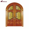 New Design Wrought Iron Decoration Stained Glass Front Door Double Wood Doors Exterior Wood Doors With Iron