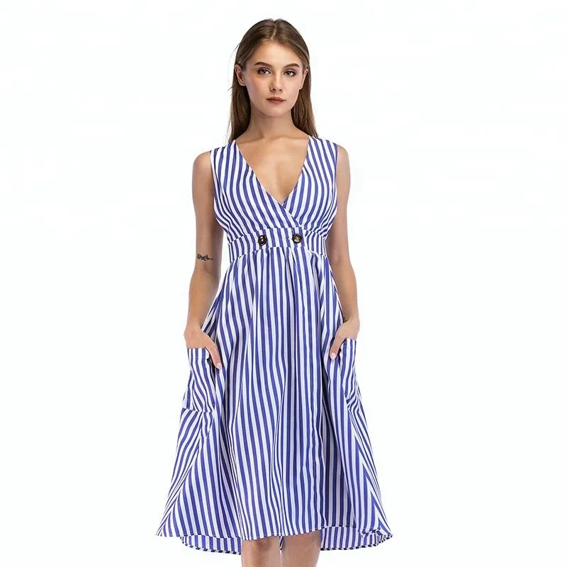 
Deep V-neck Sleeveless Cardigan Striped Dress 