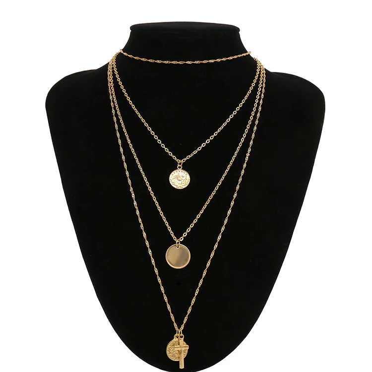 

Vintage cross pendant necklace wholesale,Simple multi-layer necklace,gold jewelry necklace (KMN0802), Silver, gold