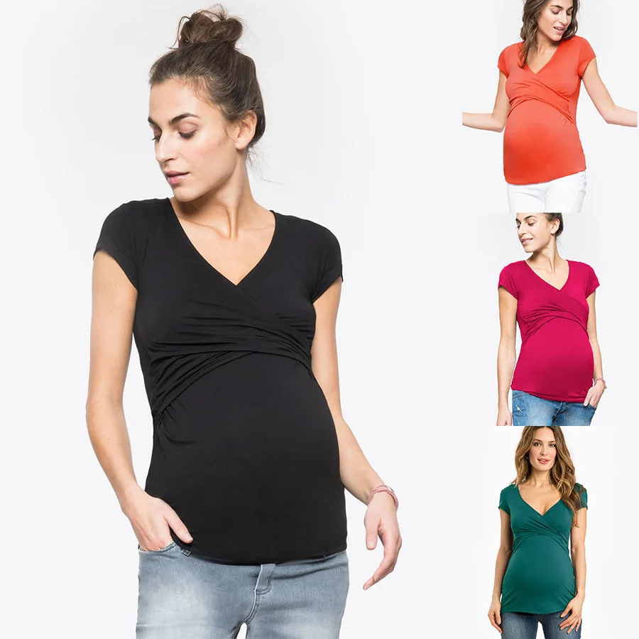 

Summer short-sleeved maternity dress deep V-neck solid color cross-feeding breastfeeding suit Maternity Clothing, 4 color