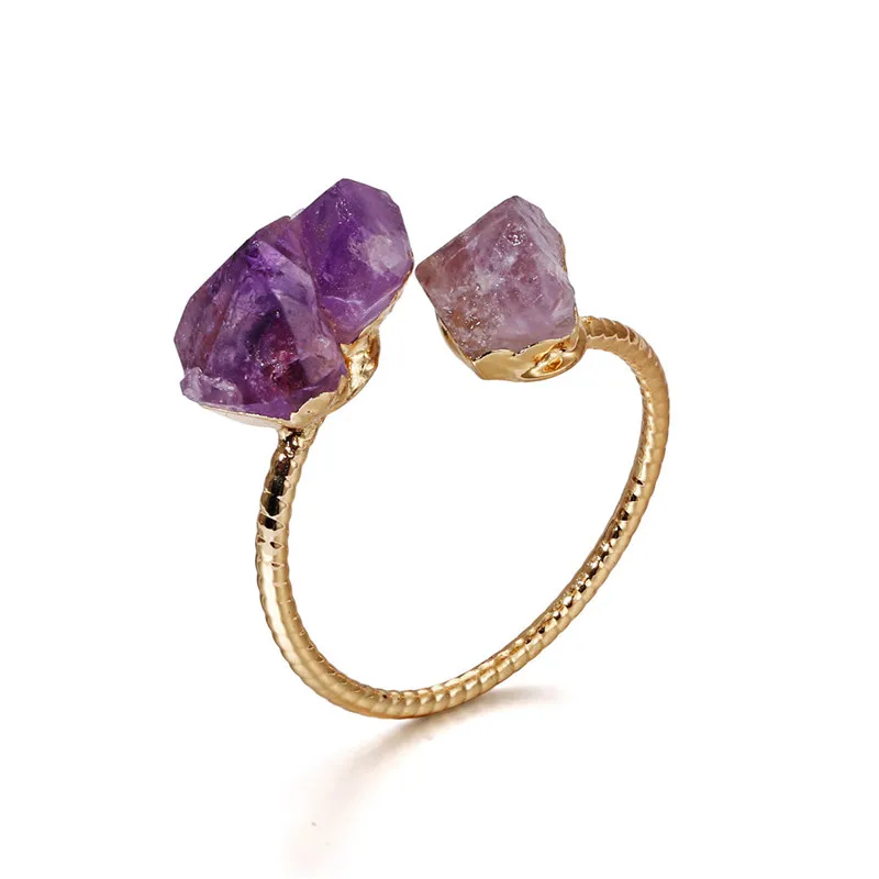 

Wholesale natural double agate druzy ring bisuteria 24k gold plated adjustable fashion amethyst druzy rings for women jewelry, Purple