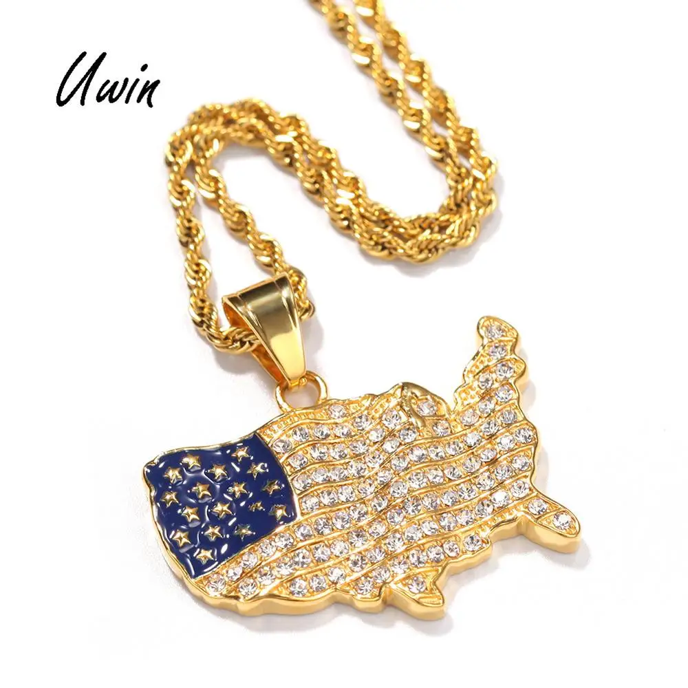

Fashion Gold Plated American Flag Map Crystal Pendant Stainless Steel Necklace for Man Trendy Iced Out Jewelry Wholesale, Silver / gold