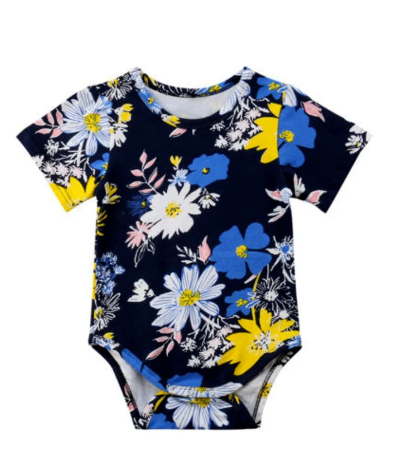 

Baby Designer Bodysuit infant kids navy blue flower print rompers baby short sleeved jumpsuits set, Plaid